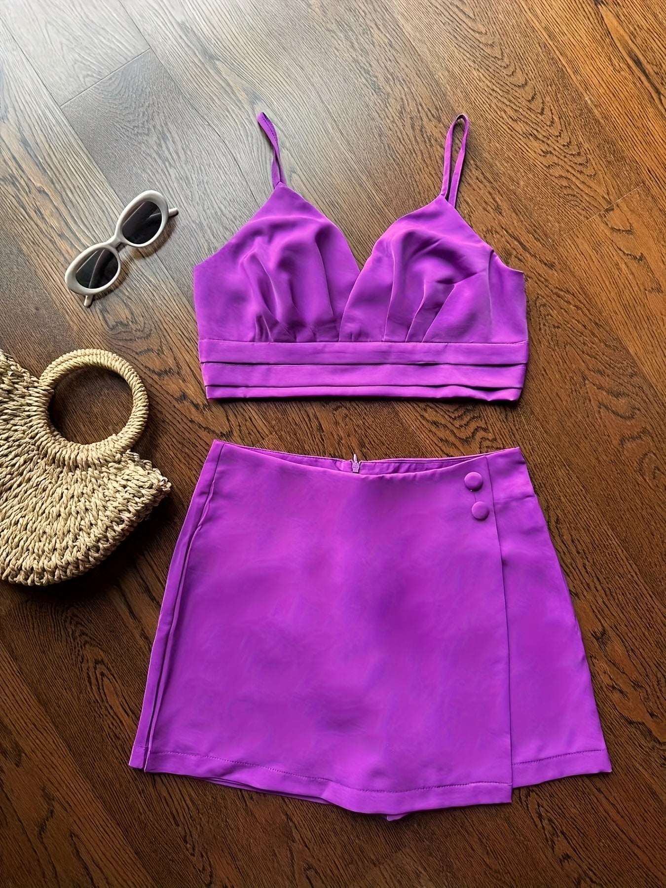 Women'S Elegant V-Neck Sleeveless Crop Top & High-Waisted Shorts Set - Vibrant Fuchsia Polyester with Button Detail, Golden Chain Strap & Clutch for Spring/Summer Casual Vacation Outfits, Vacation Outfit | Stylish Button Deta